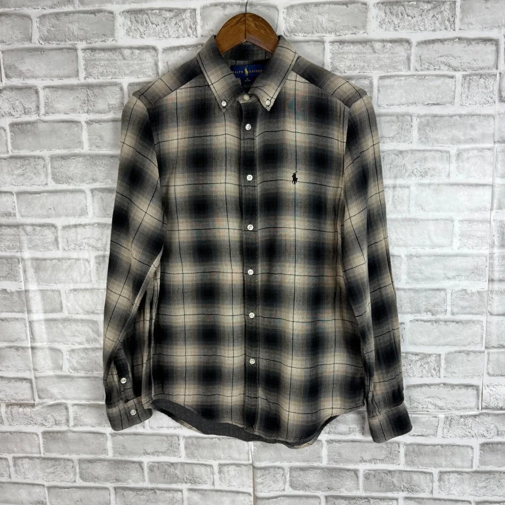 Ralph Lauren Boys XL 18-20 Grey Black Plaid Lightweight Flannel Shirt Pony Logo